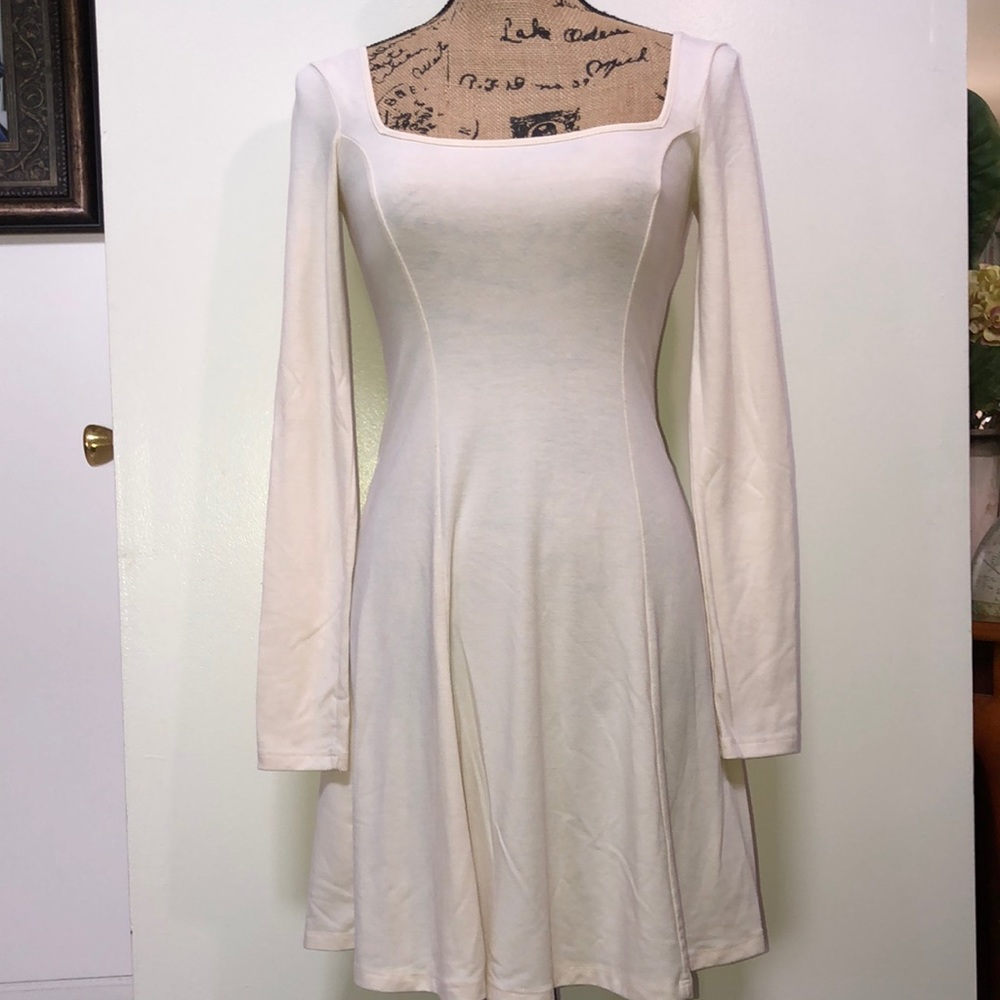 Cream Long Sleeve Fit and Flare Dress